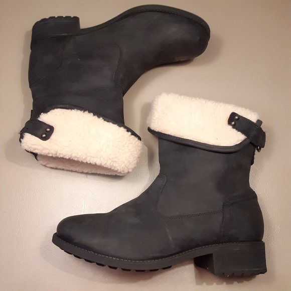 UGG women's 'Aldon' black leather & sheep wool lined moto motorcycle boots sz 10 - Picture 3 of 13